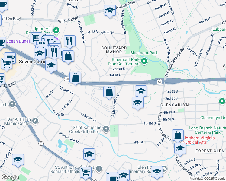 map of restaurants, bars, coffee shops, grocery stores, and more near 7 South Montague Street in Arlington