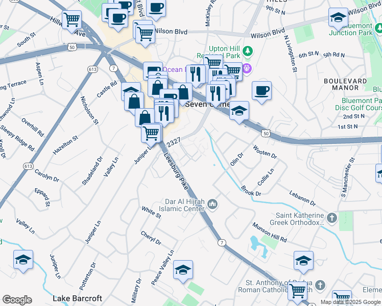 map of restaurants, bars, coffee shops, grocery stores, and more near 6180 Greenwood Drive in Falls Church