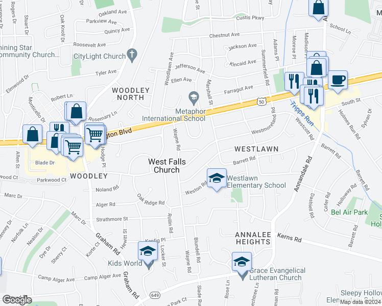 map of restaurants, bars, coffee shops, grocery stores, and more near 6931 Regent Lane in Falls Church