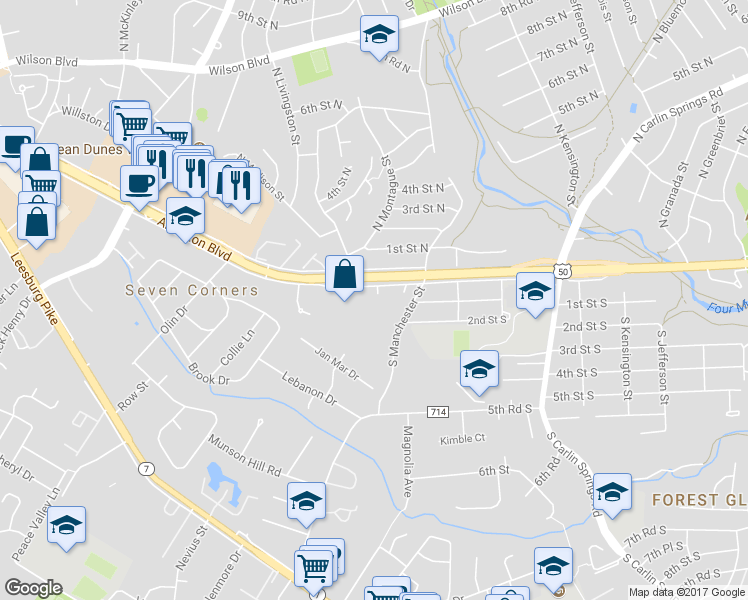 map of restaurants, bars, coffee shops, grocery stores, and more near 7 South Montague Street in Arlington