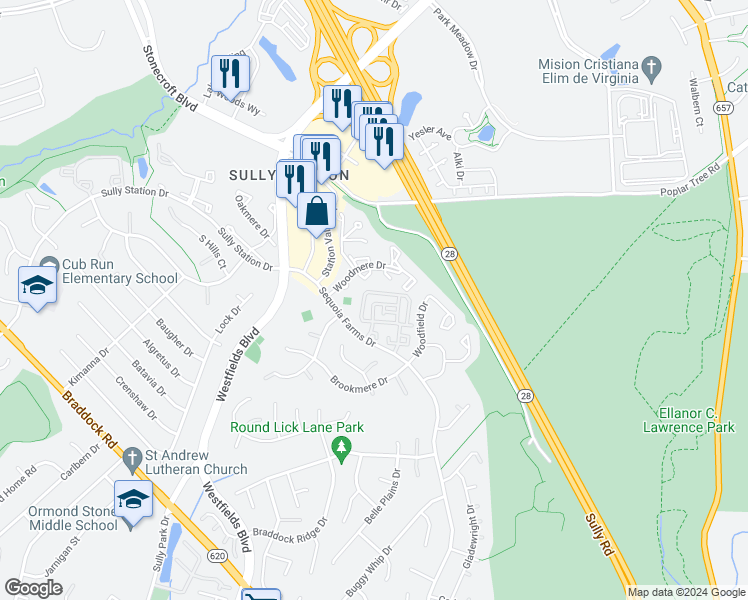 map of restaurants, bars, coffee shops, grocery stores, and more near 5114 Castle Harbor Way in Centreville
