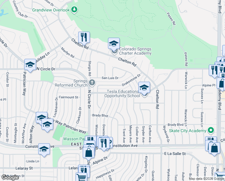 map of restaurants, bars, coffee shops, grocery stores, and more near 3002 Maizeland Road in Colorado Springs