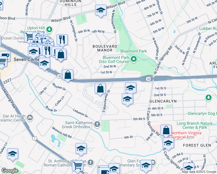 map of restaurants, bars, coffee shops, grocery stores, and more near 18 South Montana Street in Arlington