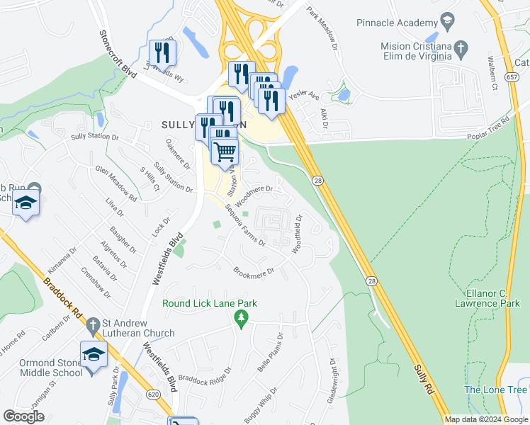 map of restaurants, bars, coffee shops, grocery stores, and more near 5112 Castle Harbor Way in Centreville