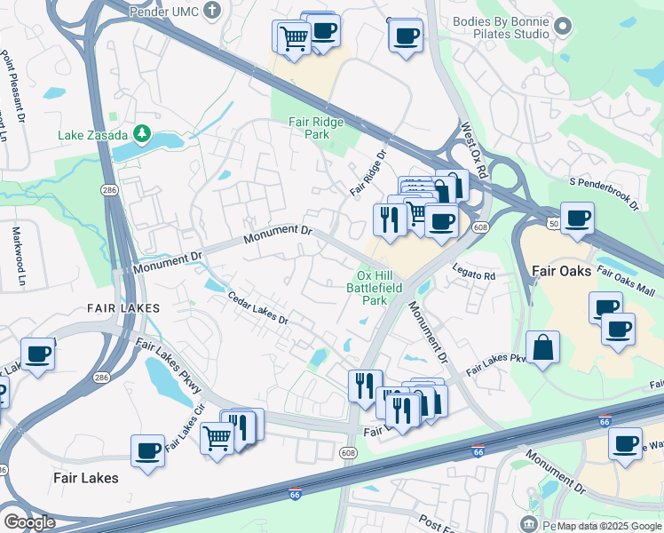 map of restaurants, bars, coffee shops, grocery stores, and more near 12335 Strong Court in Fairfax