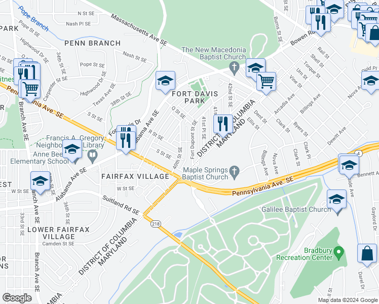 map of restaurants, bars, coffee shops, grocery stores, and more near 1655 Fort Dupont Street Southeast in Washington