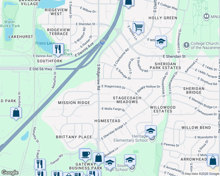 map of restaurants, bars, coffee shops, grocery stores, and more near 1420 East Butterfield Place in Olathe