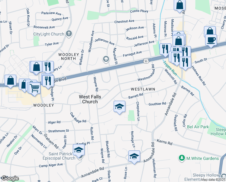 map of restaurants, bars, coffee shops, grocery stores, and more near 6921 Westmoreland Road in Falls Church