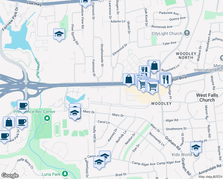 map of restaurants, bars, coffee shops, grocery stores, and more near 7409 Arlington Boulevard in Falls Church
