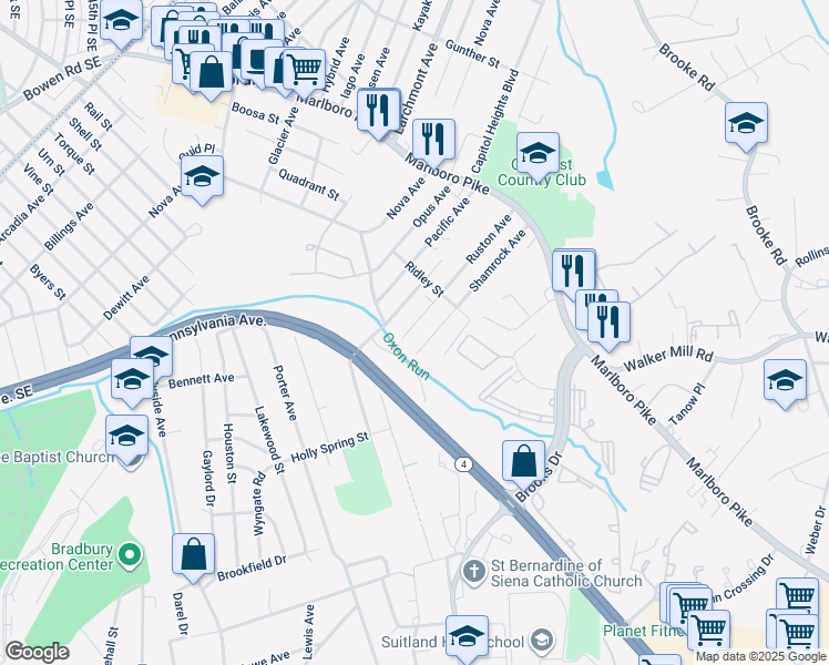 map of restaurants, bars, coffee shops, grocery stores, and more near 1722 Ruston Avenue in Capitol Heights