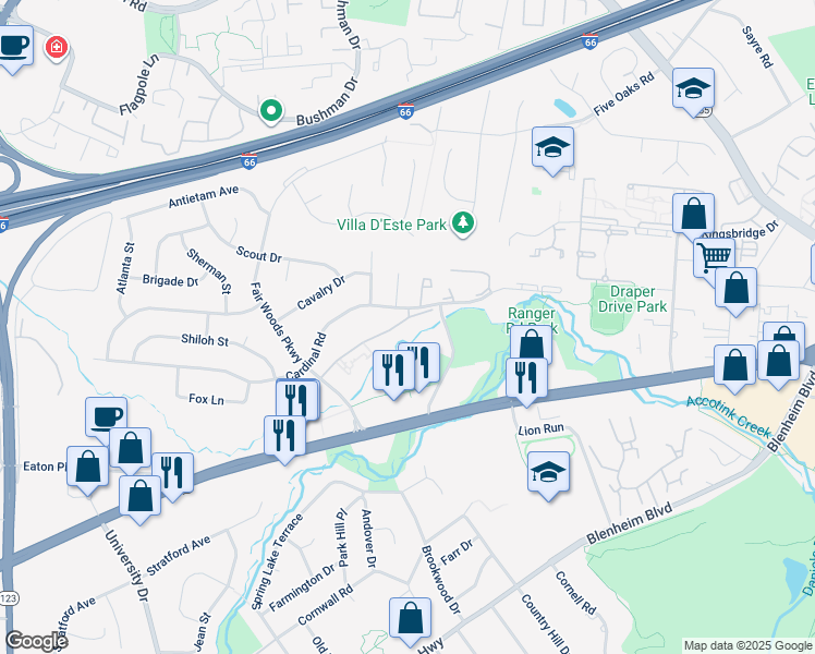 map of restaurants, bars, coffee shops, grocery stores, and more near 10025 Fair Woods Drive in Fairfax