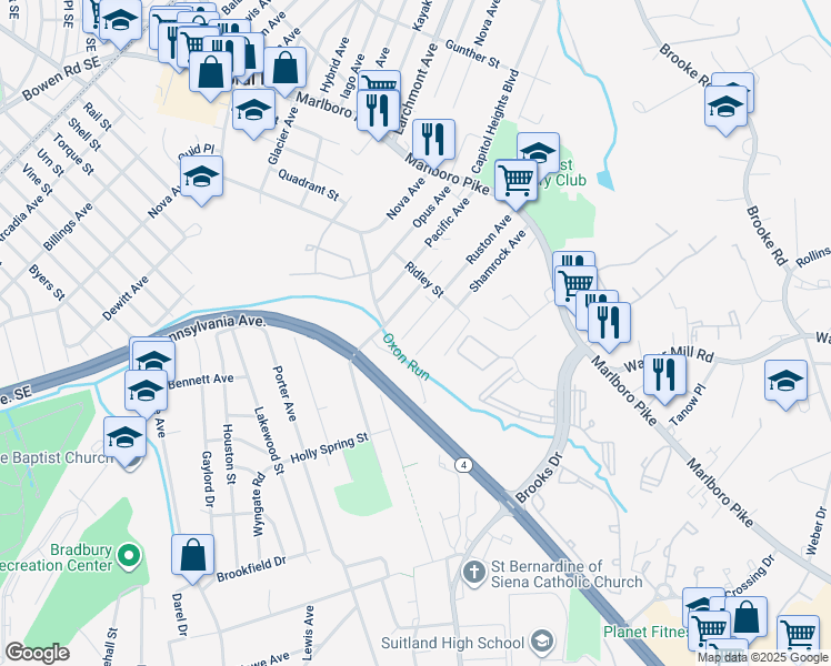 map of restaurants, bars, coffee shops, grocery stores, and more near 1722 Ruston Avenue in Capitol Heights