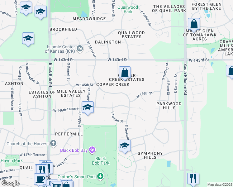 map of restaurants, bars, coffee shops, grocery stores, and more near South Greenwood Street in Olathe