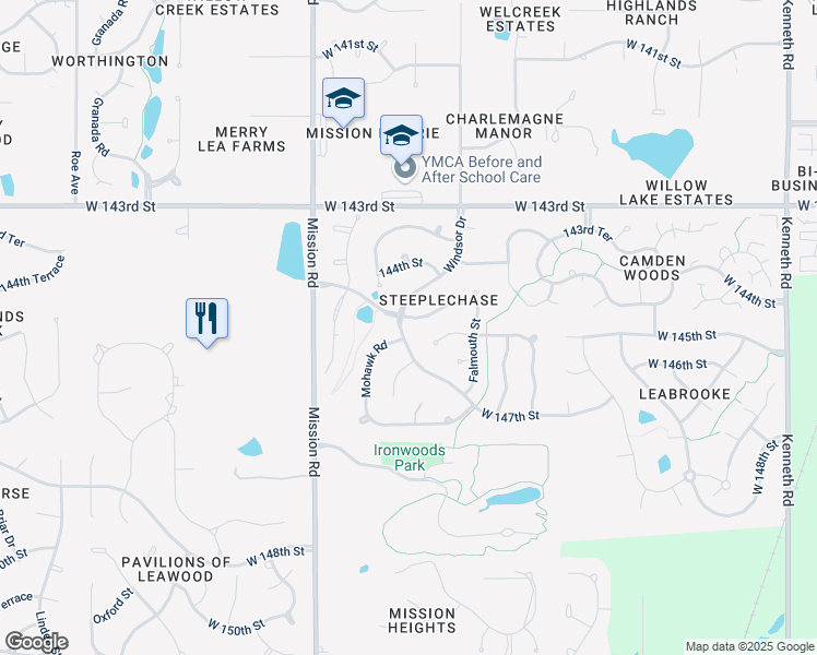 map of restaurants, bars, coffee shops, grocery stores, and more near 14547 Mohawk Road in Leawood