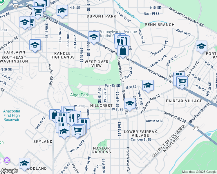map of restaurants, bars, coffee shops, grocery stores, and more near 3127 Park Drive Southeast in Washington