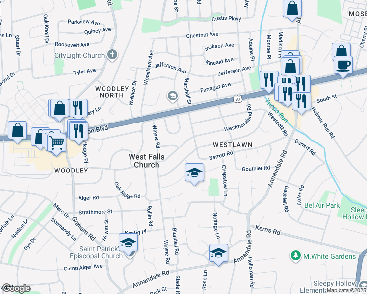 map of restaurants, bars, coffee shops, grocery stores, and more near 6921 Westmoreland Road in Falls Church