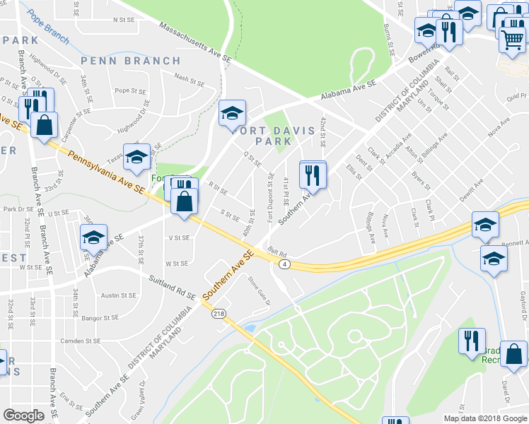 map of restaurants, bars, coffee shops, grocery stores, and more near 1657 Fort Dupont Street Southeast in Washington