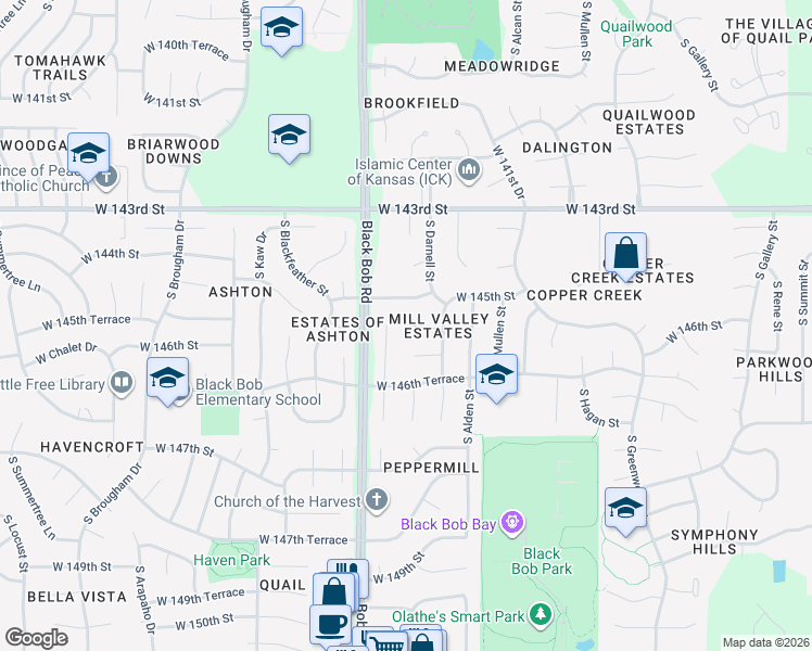 map of restaurants, bars, coffee shops, grocery stores, and more near 15040 West 145th Terrace in Olathe