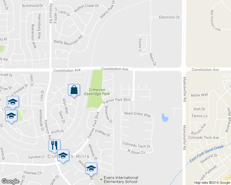 map of restaurants, bars, coffee shops, grocery stores, and more near 2339 Washo Circle in Colorado Springs