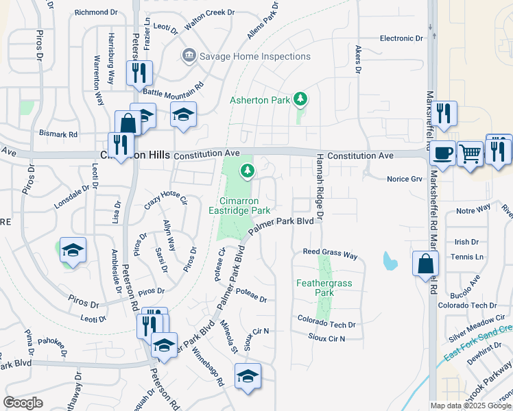 map of restaurants, bars, coffee shops, grocery stores, and more near 2327 Shawnee Drive in Colorado Springs