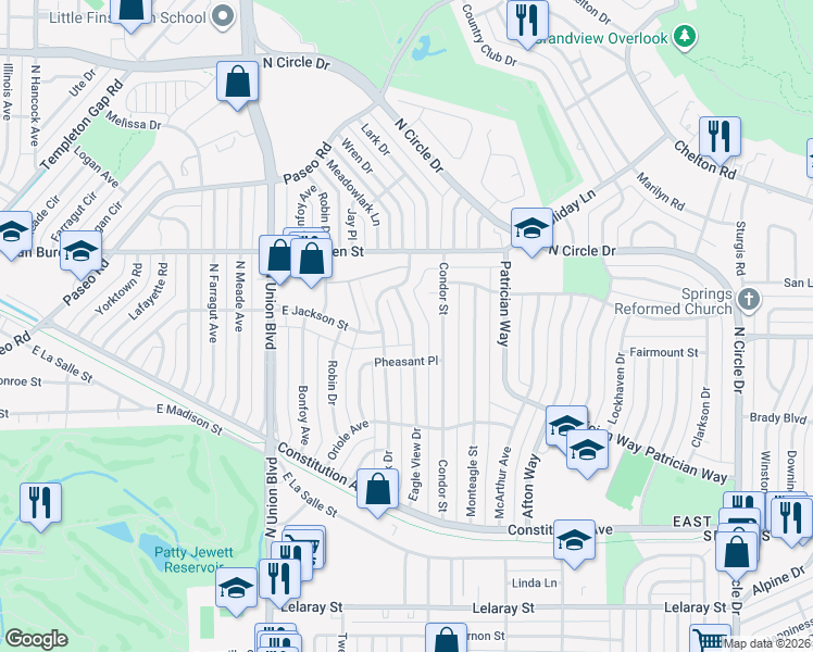 map of restaurants, bars, coffee shops, grocery stores, and more near 2316 Eagle View Drive in Colorado Springs