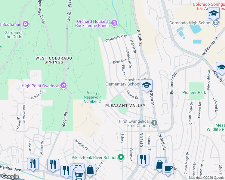 map of restaurants, bars, coffee shops, grocery stores, and more near 1112 Westmoor Drive in Colorado Springs