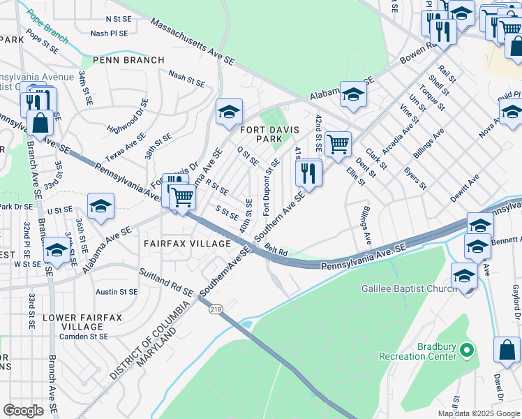 map of restaurants, bars, coffee shops, grocery stores, and more near 1657 Fort Dupont Street Southeast in Washington