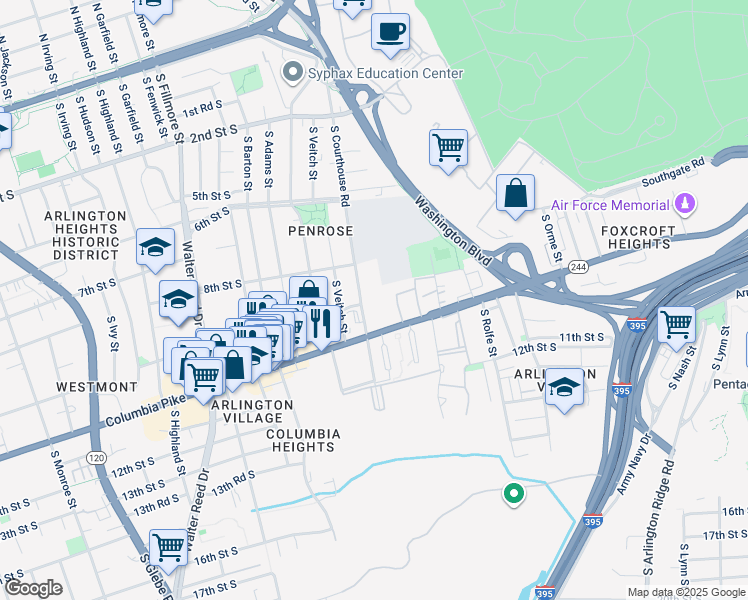 map of restaurants, bars, coffee shops, grocery stores, and more near 2001 Columbia Pike in Arlington