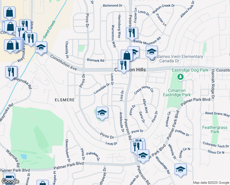 map of restaurants, bars, coffee shops, grocery stores, and more near 6720 Kristy Lane in Colorado Springs