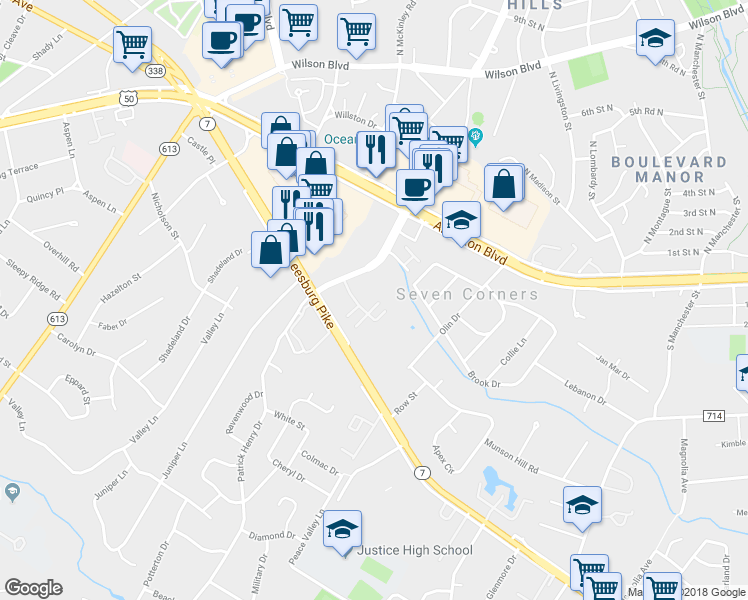 map of restaurants, bars, coffee shops, grocery stores, and more near 6176 Greenwood Drive in Falls Church