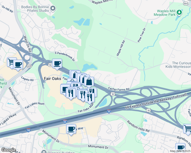 map of restaurants, bars, coffee shops, grocery stores, and more near 11785 Valley Ridge Circle in Fairfax