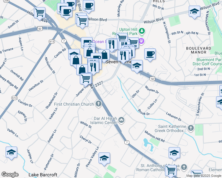 map of restaurants, bars, coffee shops, grocery stores, and more near 6176 Greenwood Drive in Falls Church