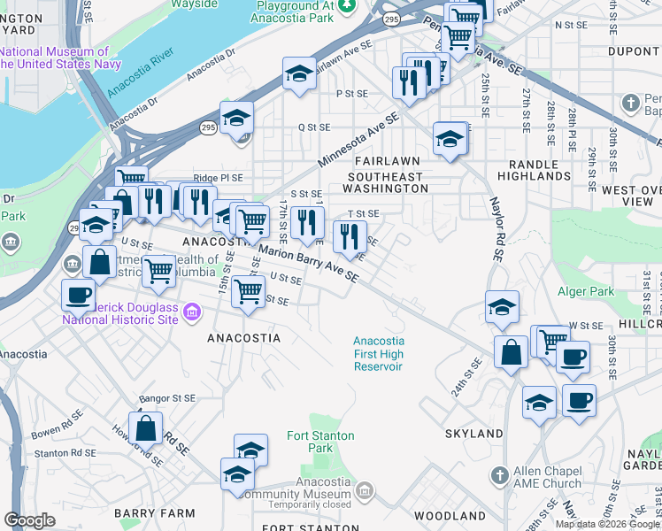 map of restaurants, bars, coffee shops, grocery stores, and more near Good Hope Road Southeast in Washington