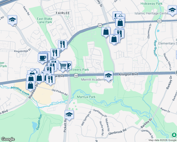 map of restaurants, bars, coffee shops, grocery stores, and more near 9326 Arlington Boulevard in Fairfax