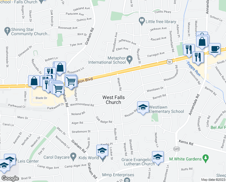 map of restaurants, bars, coffee shops, grocery stores, and more near 3039 Manor Road in Falls Church