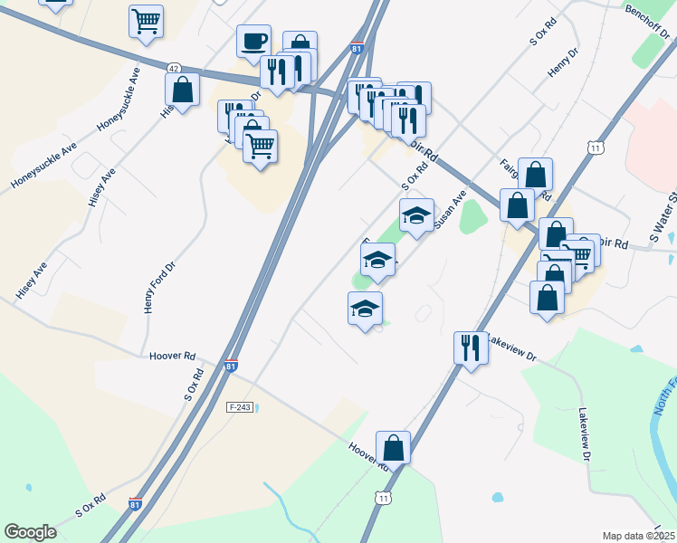 map of restaurants, bars, coffee shops, grocery stores, and more near 1235 South Ox Road in Woodstock