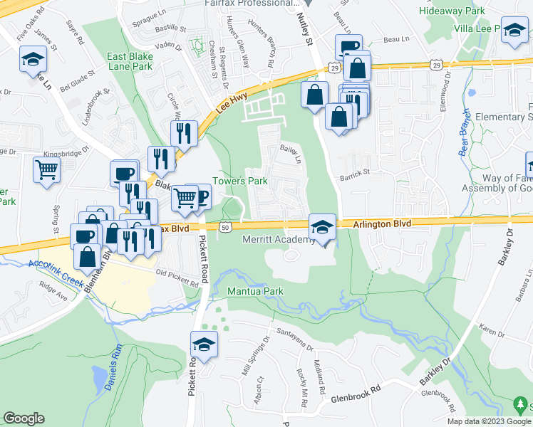 map of restaurants, bars, coffee shops, grocery stores, and more near 9320 Arlington Boulevard in Fairfax