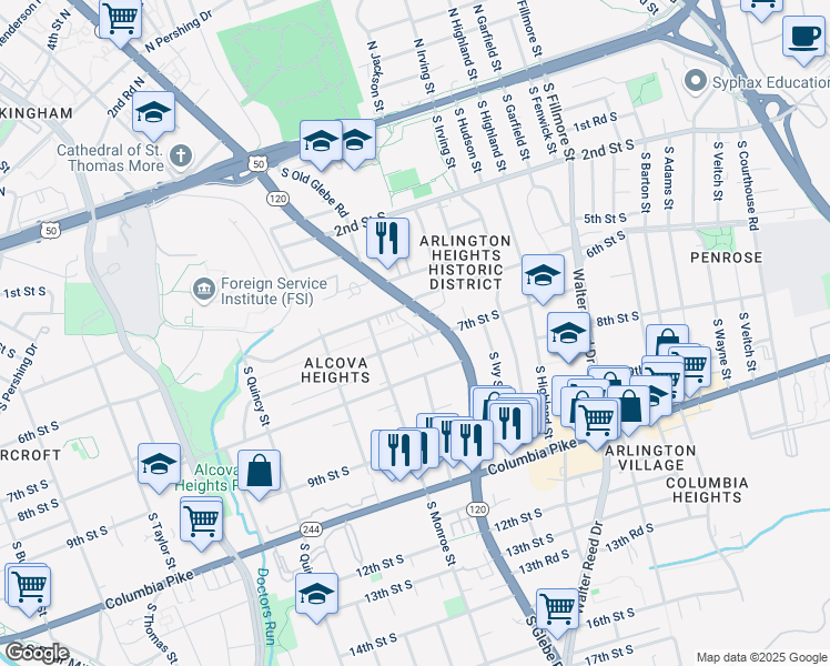 map of restaurants, bars, coffee shops, grocery stores, and more near 3423 7th Street South in Arlington