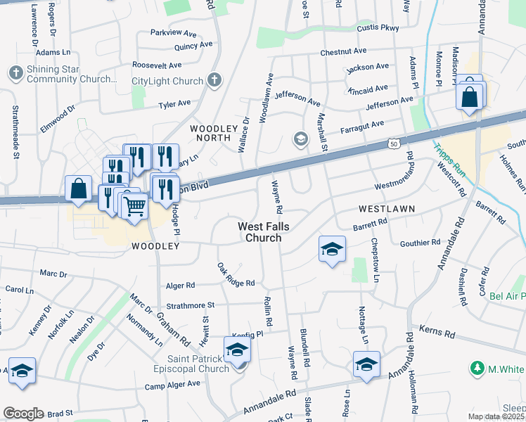 map of restaurants, bars, coffee shops, grocery stores, and more near 3039 Manor Road in Falls Church