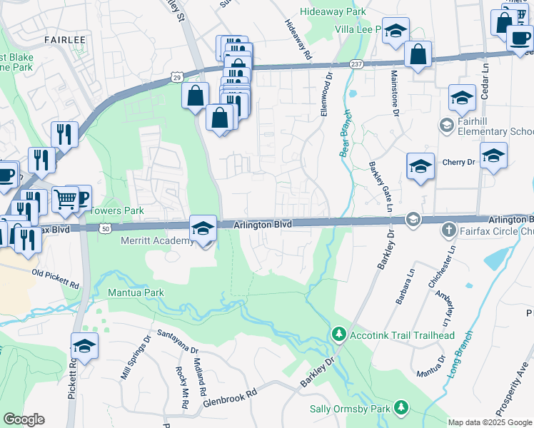map of restaurants, bars, coffee shops, grocery stores, and more near 9100 Arlington Boulevard in Fairfax