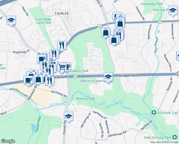 map of restaurants, bars, coffee shops, grocery stores, and more near 9320 Arlington Boulevard in Fairfax