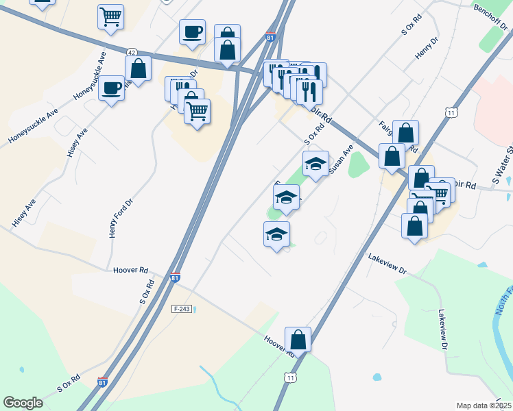 map of restaurants, bars, coffee shops, grocery stores, and more near 1235 South Ox Road in Woodstock