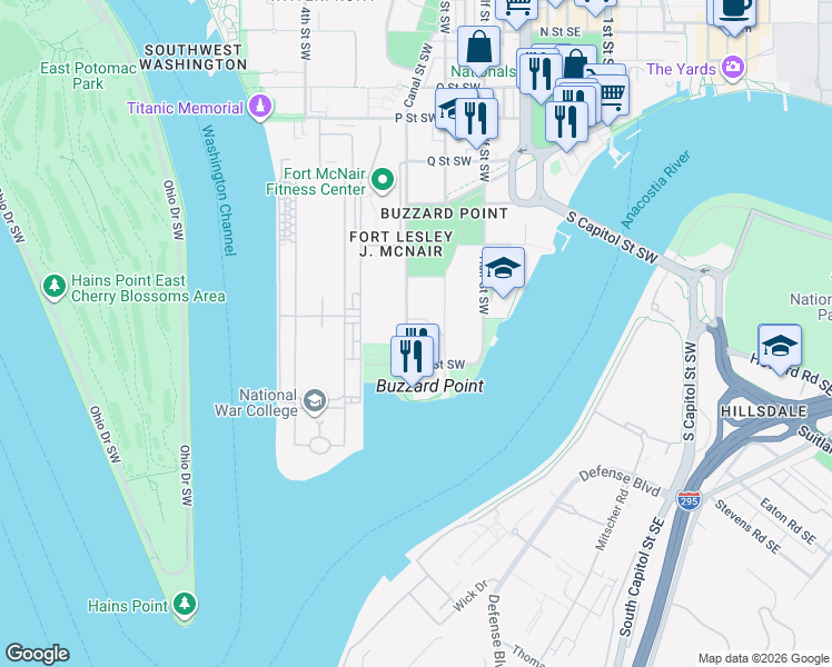 map of restaurants, bars, coffee shops, grocery stores, and more near 2000 2nd Street Southwest in Washington