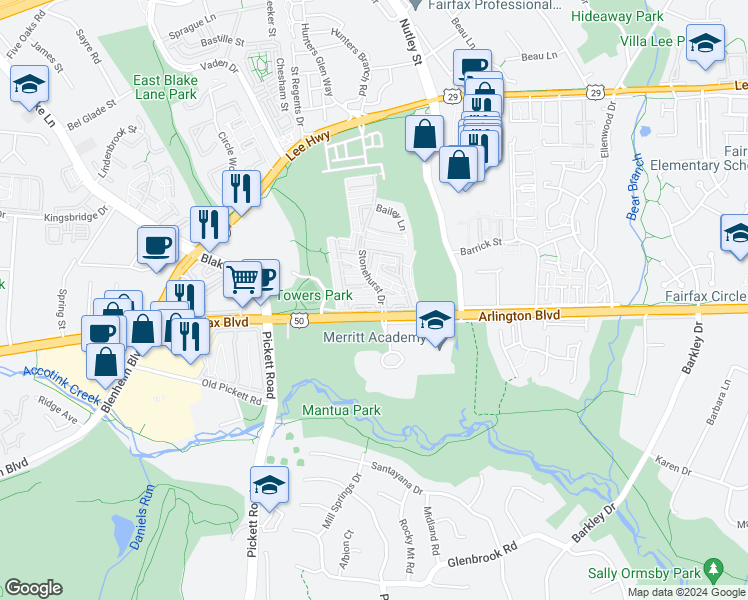 map of restaurants, bars, coffee shops, grocery stores, and more near 9304 Arlington Boulevard in Fairfax