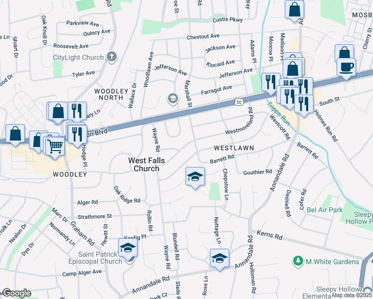 map of restaurants, bars, coffee shops, grocery stores, and more near 6919 Westmoreland Road in Falls Church