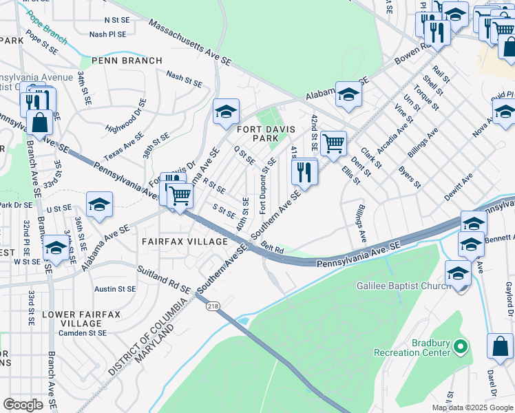 map of restaurants, bars, coffee shops, grocery stores, and more near 1655 Fort Dupont Street Southeast in Washington