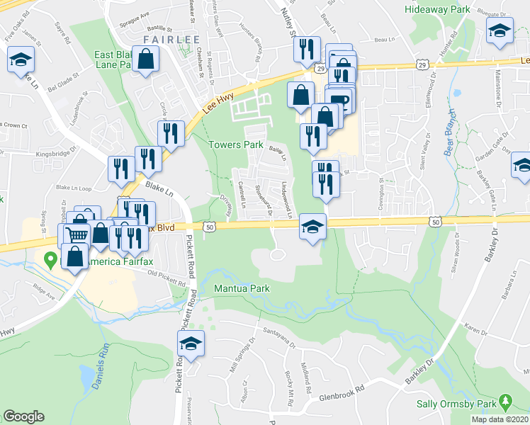 map of restaurants, bars, coffee shops, grocery stores, and more near 9304 Arlington Boulevard in Fairfax
