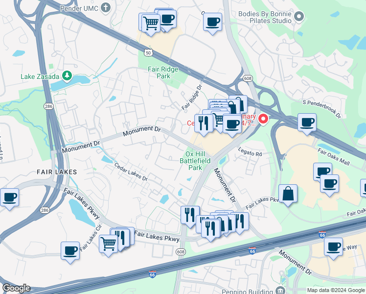 map of restaurants, bars, coffee shops, grocery stores, and more near 12312 Strong Court in Fairfax
