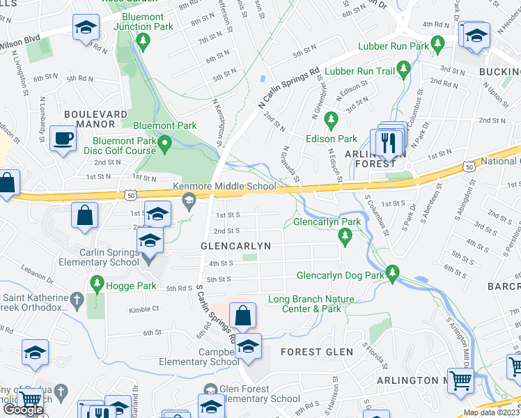 map of restaurants, bars, coffee shops, grocery stores, and more near 5629 1st Street South in Arlington
