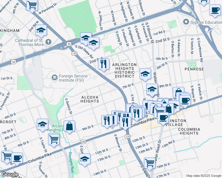 map of restaurants, bars, coffee shops, grocery stores, and more near 3423 7th Street South in Arlington